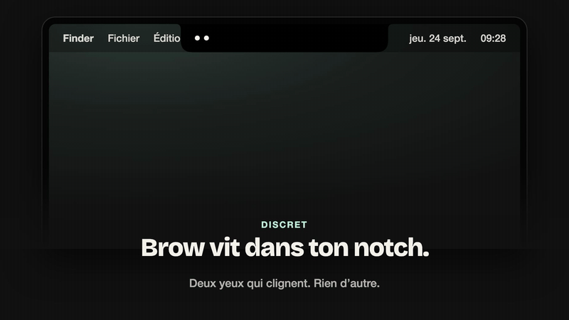 Animated preview of Brow (French interface): the MacBook notch opens two minutes before a meeting to show its title, the attendees and Record, Later and Join buttons, then shows a recording timer while Brow listens.